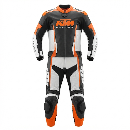 Premium Leather Motorbike Racing Suit – White Black Orange