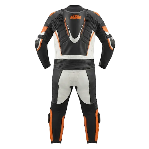A black, white, and orange leather racing suit shown from the back, featuring protective padding and the  logo on the upper back, set against a plain white background with a circular brand badge in the top right corner.