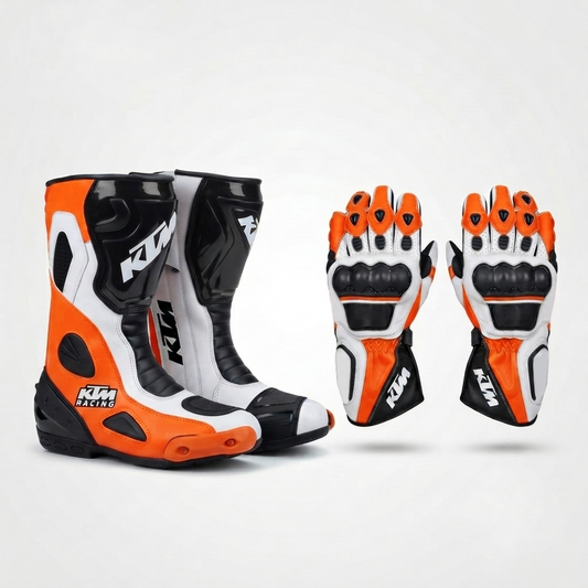 Men’s Leather Motorcycle Boots & Gloves – Racing Set