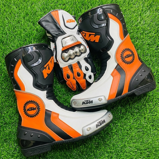 Men’s Leather Motorcycle Boots & Gloves – Racing Set