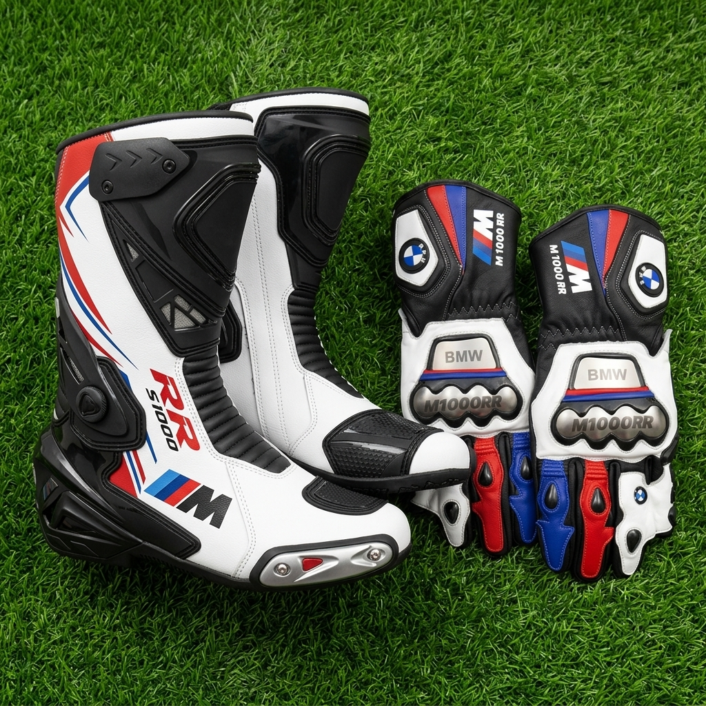 Leather Motorcycle Racing Boots & Gloves Combo
