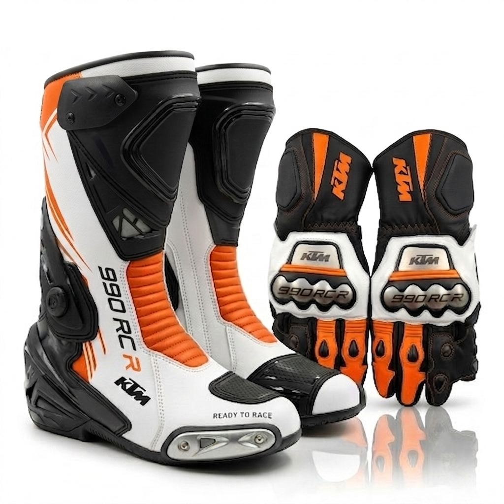 Leather Motorcycle Racing Boots & Gloves Combo