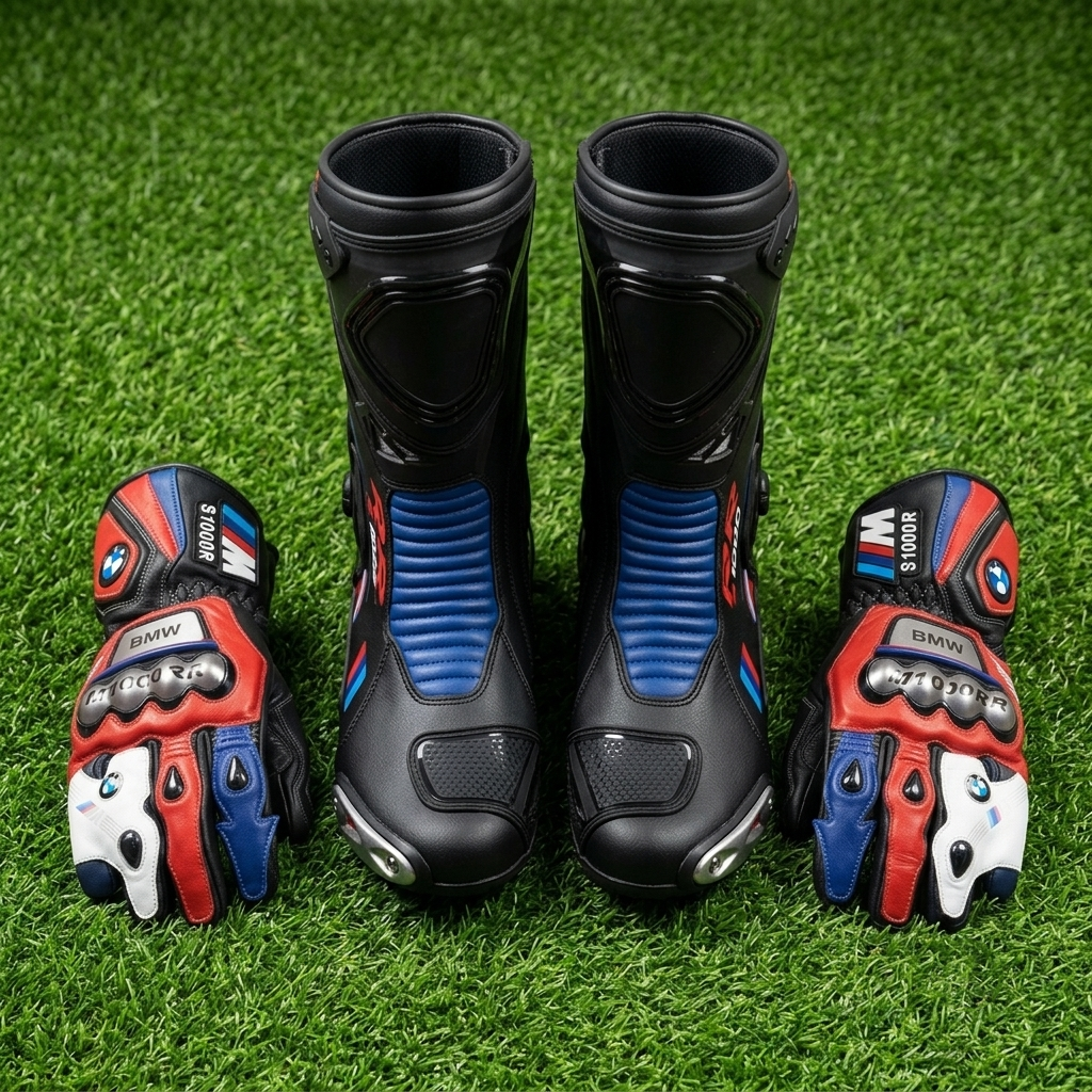 Leather Racing Boots & Gloves Set – Motorcycle Riding Gear