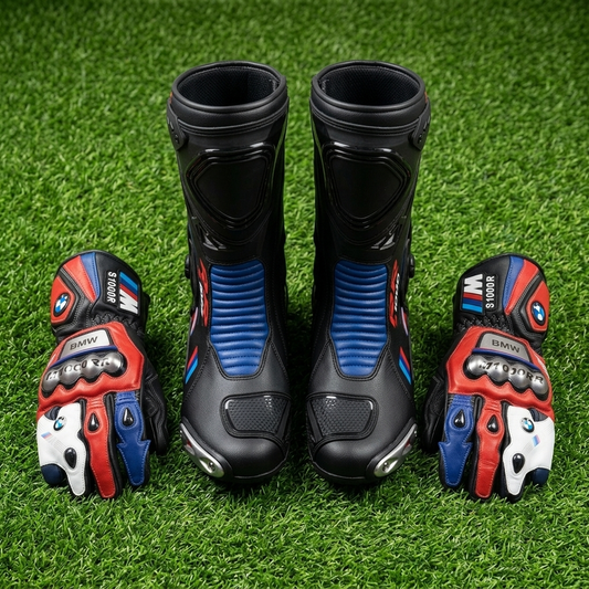 Leather Racing Boots & Gloves Set – Motorcycle Riding Gear