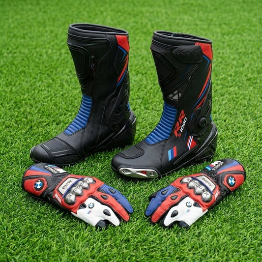 Premium Leather Motorcycle Boots & Gloves Set