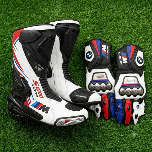 Men’s Leather Motorcycle Boots & Gloves – Racing Set