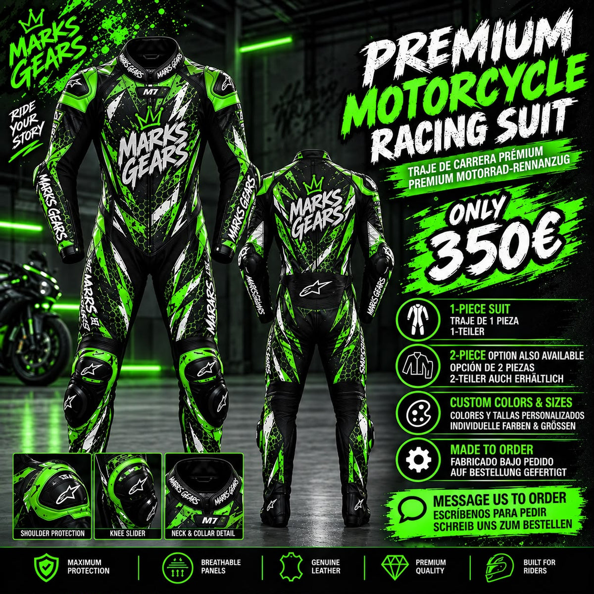 Men’s 1.3mm Leather Motorcycle Racing Suit – Protective Armor