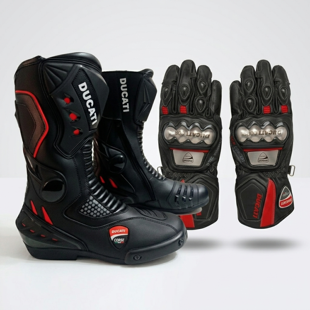 Premium Leather Motorcycle Boots & Gloves Set