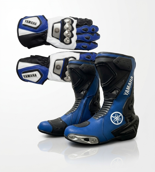 Leather Motorcycle Racing Boots & Gloves Combo