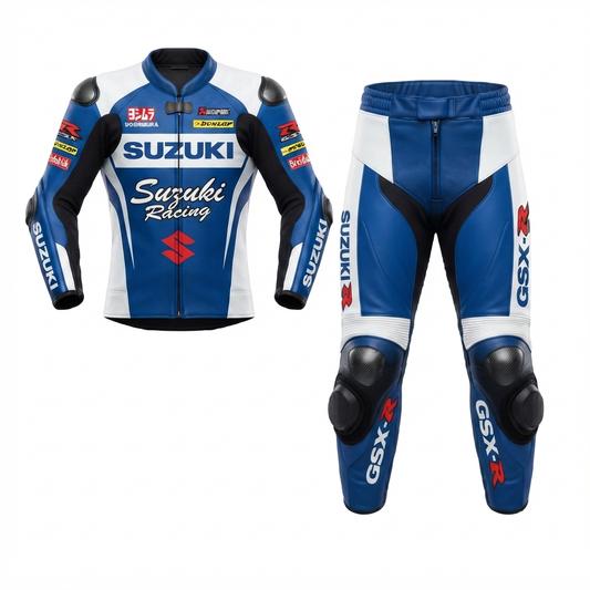 Premium Leather Motorbike Suit Blue White – CE Approved Protective Armor