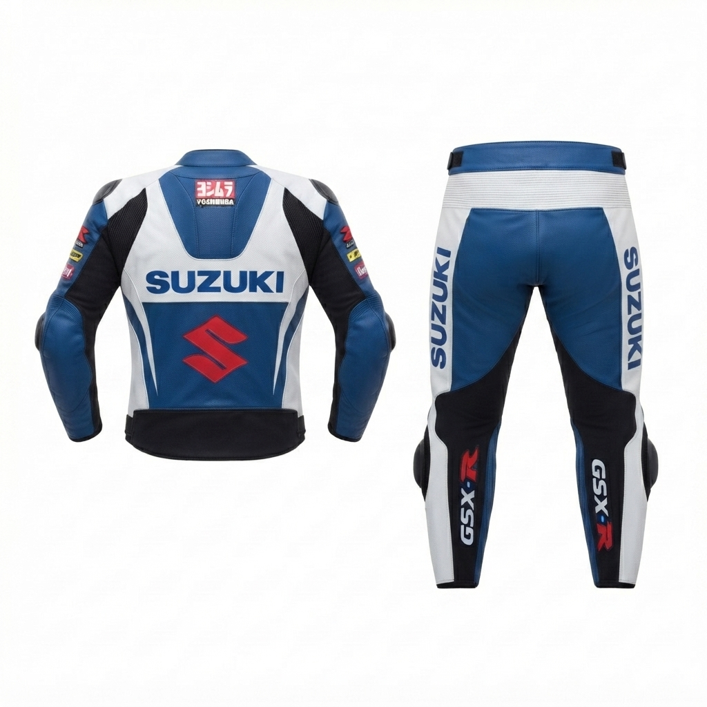 Premium Leather Motorbike Suit Blue White – CE Approved Protective Armor