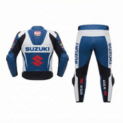 Premium Leather Motorbike Suit Blue White – CE Approved Protective Armor