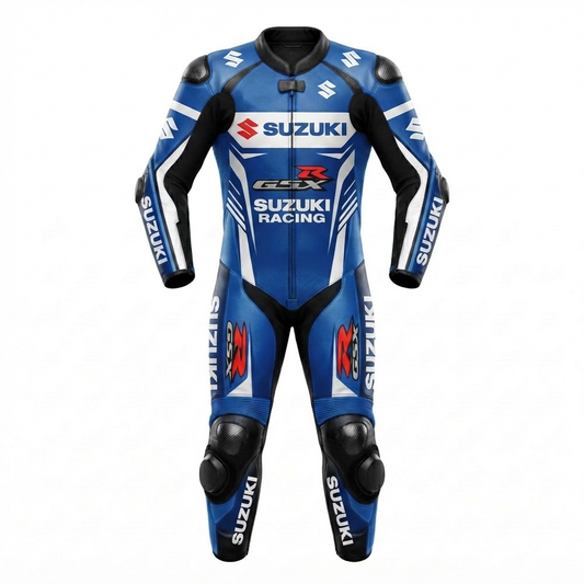 Cowhide Leather Motorcycle Racing Suit Blue White – Sport & Track Riding