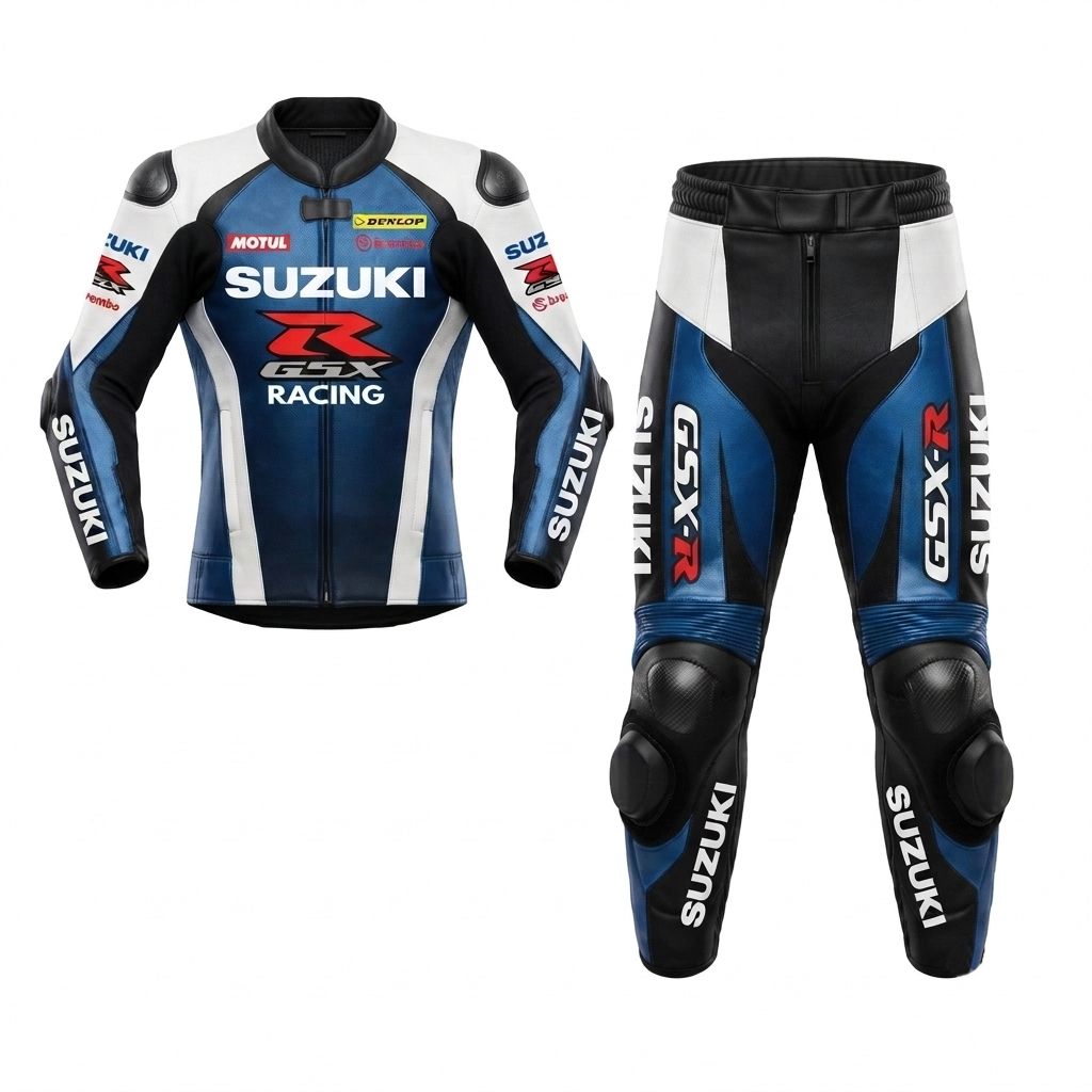 Cowhide Leather Motorcycle Racing Suit Blue White – Sport & Track Riding