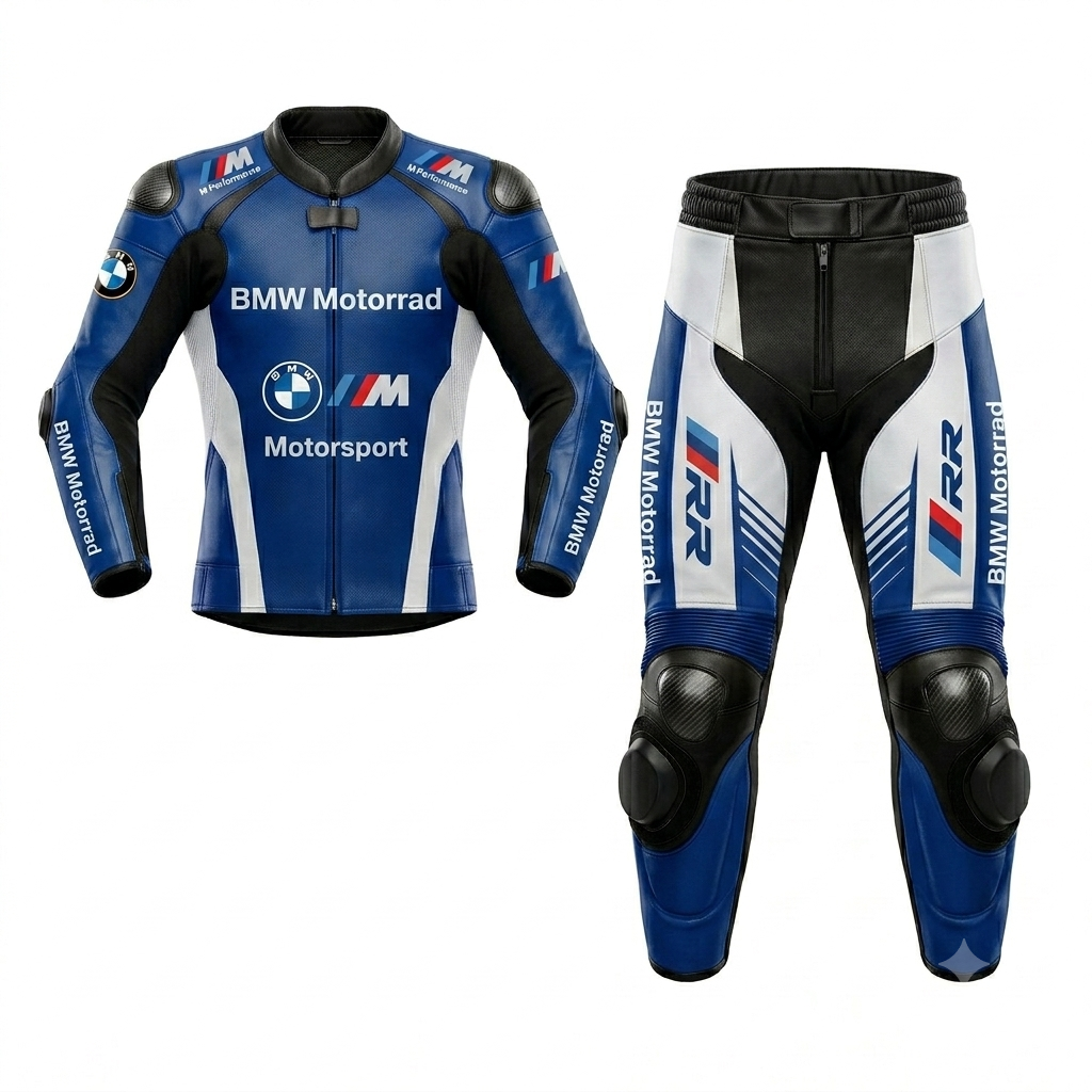 Motorbike Riding Suit Blue White Leather Motorbike Suit