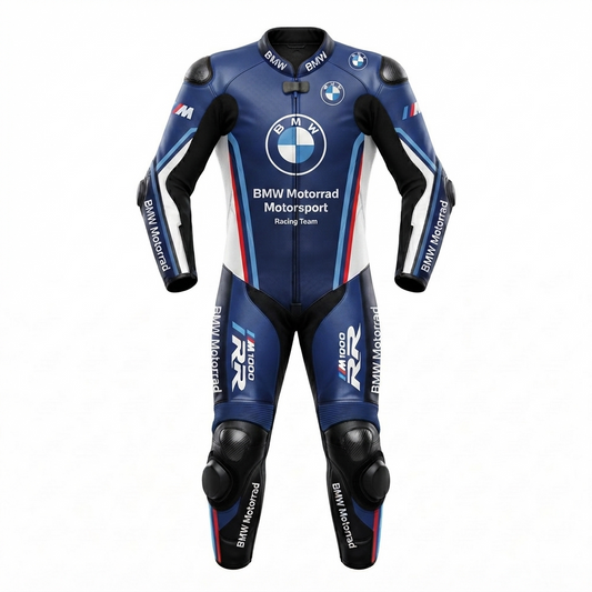 Men’s 1.3mm Leather Motorcycle Racing Suit Blue White