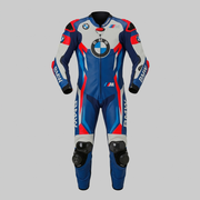 Full Body Cowhide Leather Racing Suit – Motorcycle Track Suit Blue Red White