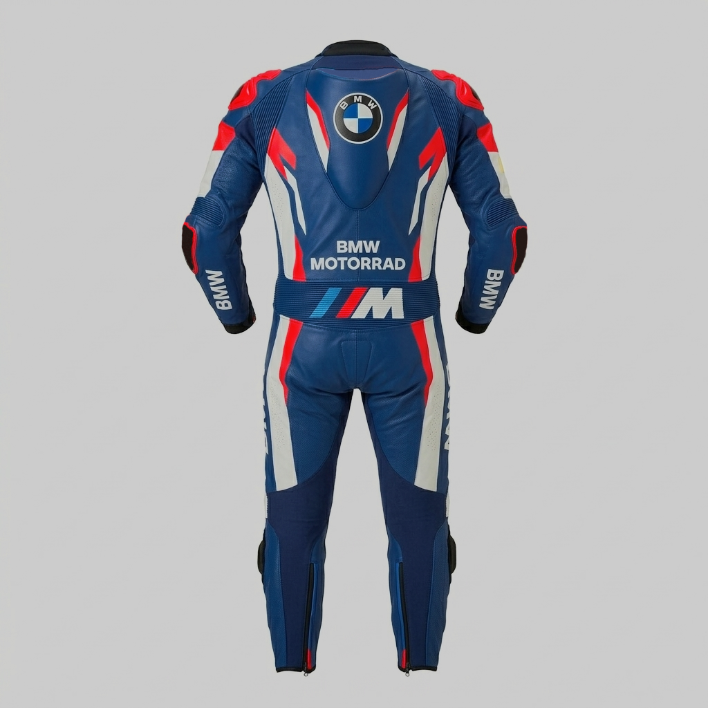 Full Body Cowhide Leather Racing Suit – Motorcycle Track Suit Blue Red White