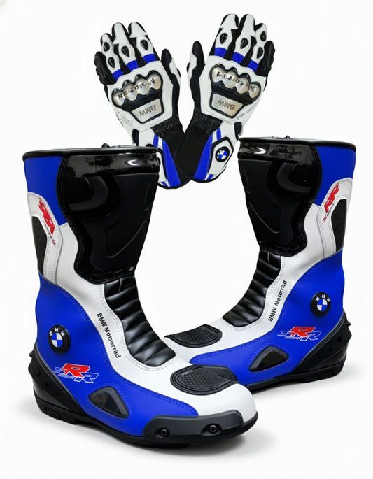Men’s Leather Motorcycle Boots & Gloves – Racing Set