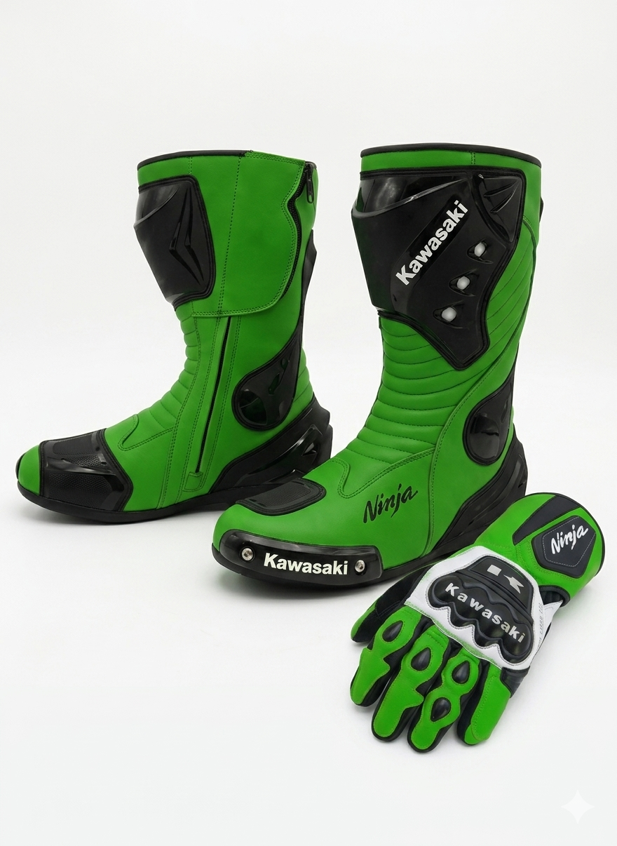 Men’s Leather Motorcycle Boots & Gloves – Racing Set