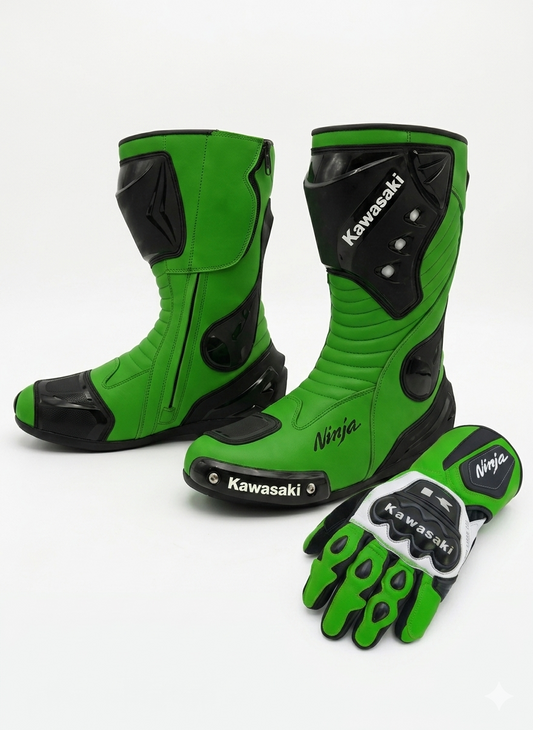 Men’s Leather Motorcycle Boots & Gloves – Racing Set