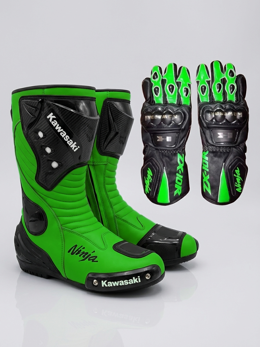 Leather Motorcycle Racing Boots & Gloves Combo
