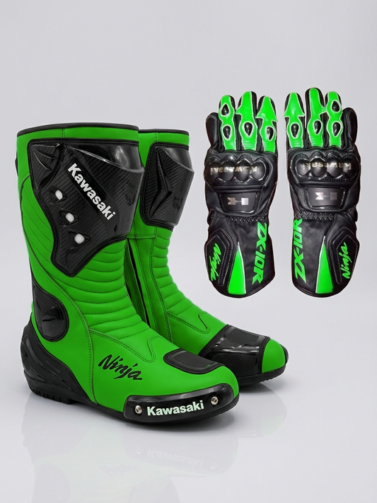 Leather Motorcycle Racing Boots & Gloves Combo