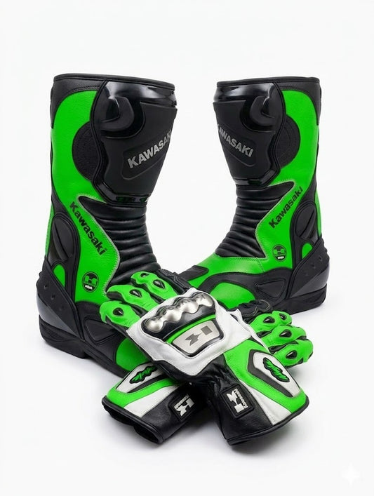Leather Racing Boots & Gloves Set – Motorcycle Riding Gear
