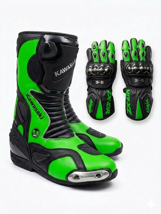 Premium Leather Motorcycle Boots & Gloves Set