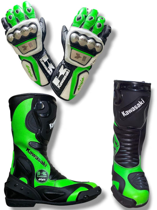 Leather Motorcycle Racing Boots & Gloves Combo