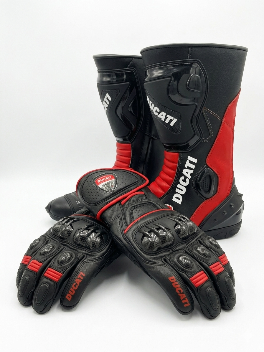 Leather Motorcycle Racing Boots & Gloves Combo