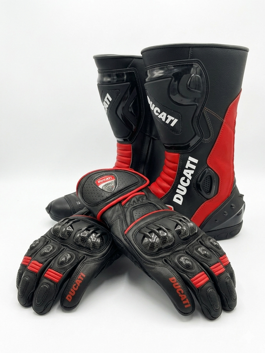 Leather Motorcycle Racing Boots & Gloves Combo