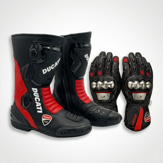 Full Leather Motorcycle Boots and Gloves – Racing Gear Set
