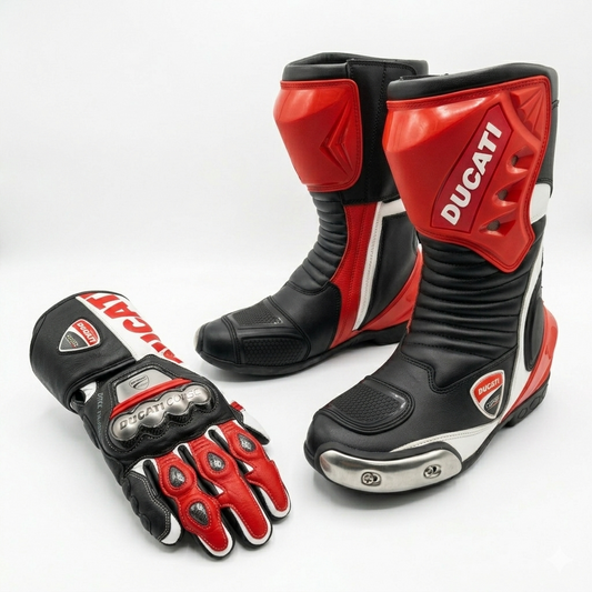 Leather Racing Boots & Gloves Set – Motorcycle Riding Gear