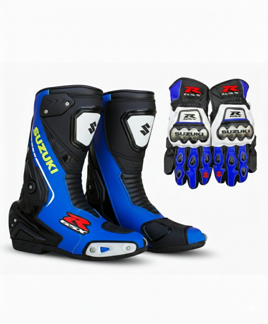 Men’s Leather Motorcycle Boots & Gloves – Racing Set