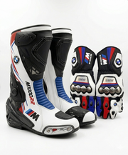 Leather Motorcycle Racing Boots & Gloves Combo