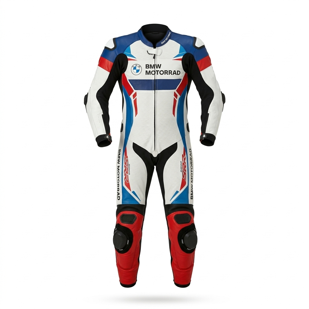 White Red Blue 1.3mm Genuine Leather Motorbike Racing Suit – Protective Gear