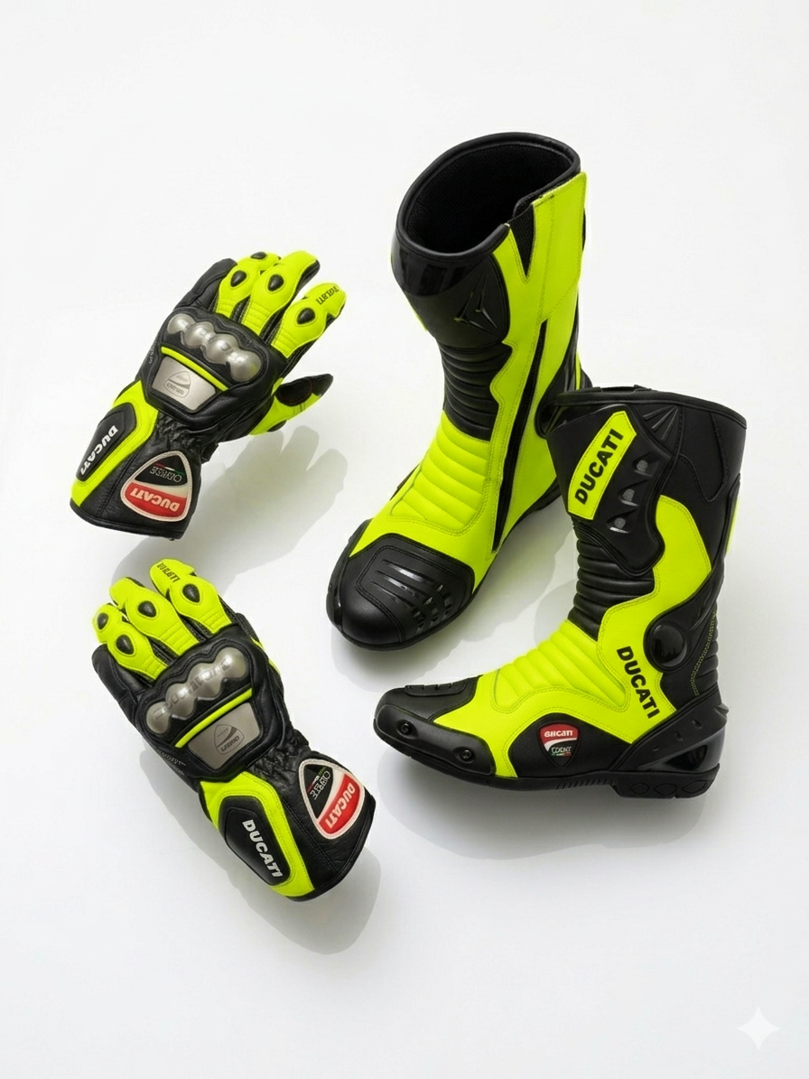 Men’s Leather Motorcycle Boots & Gloves – Racing Set